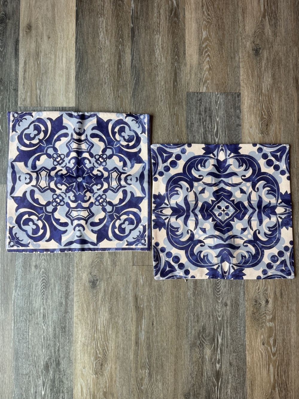 Blue and White Decorative Tile Print Pillow Covers - Set of 2